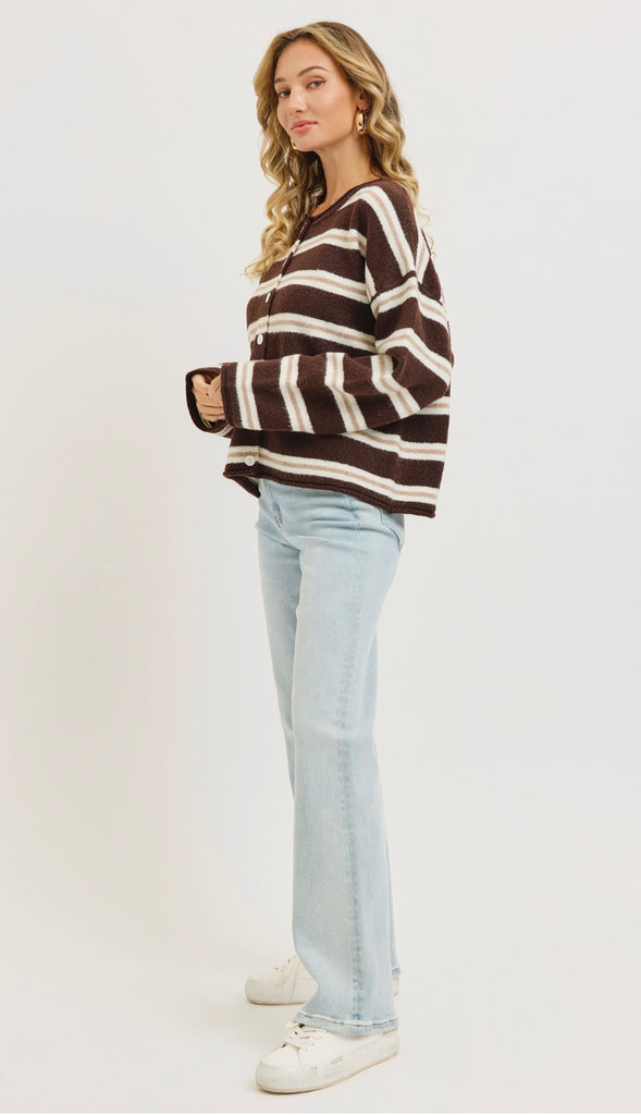 Seasons Change Striped Button Front Cardigan- Brown/Cream/Taupe