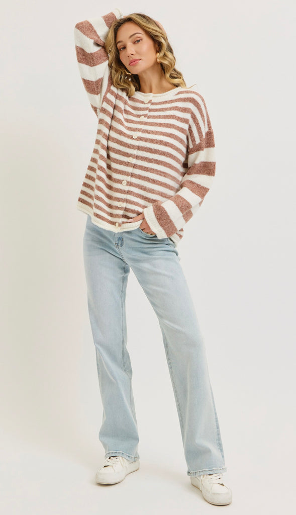 Everyday Relaxed Striped Cardigan- Cinnamon