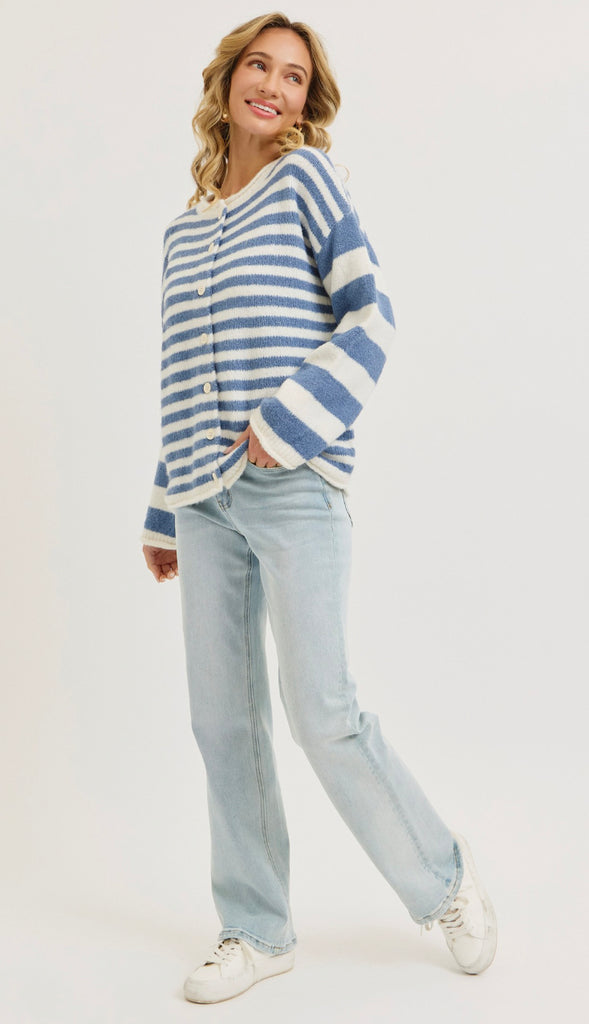 Everyday Relaxed Striped Cardigan- Blue