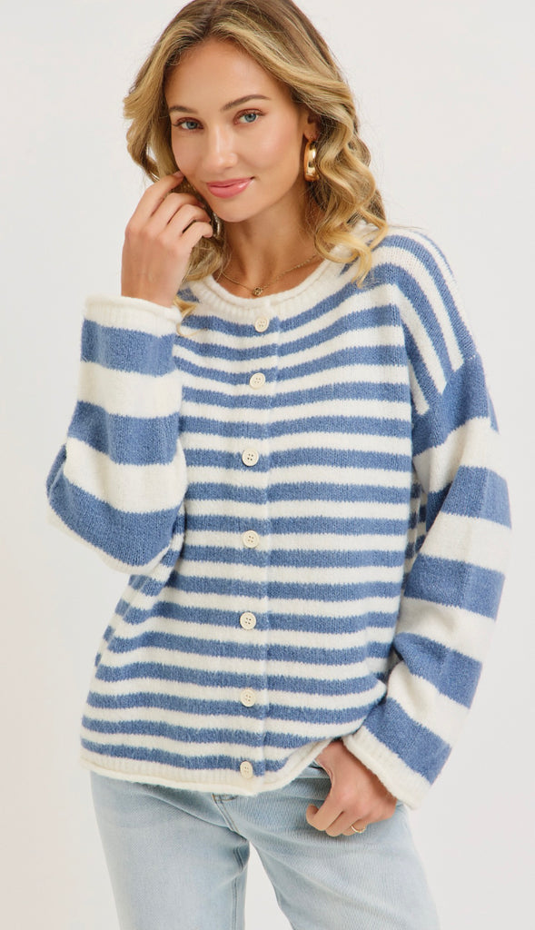 Everyday Relaxed Striped Cardigan- Cinnamon