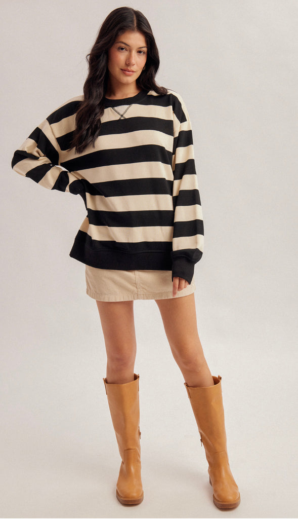 Sunday Funday Color Block Stripe Oversized Sweatshirt- Black
