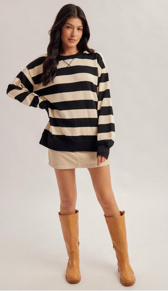 Sunday Funday Color Block Stripe Oversized Sweatshirt- Black