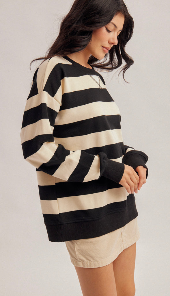 Sunday Funday Color Block Stripe Oversized Sweatshirt- Black