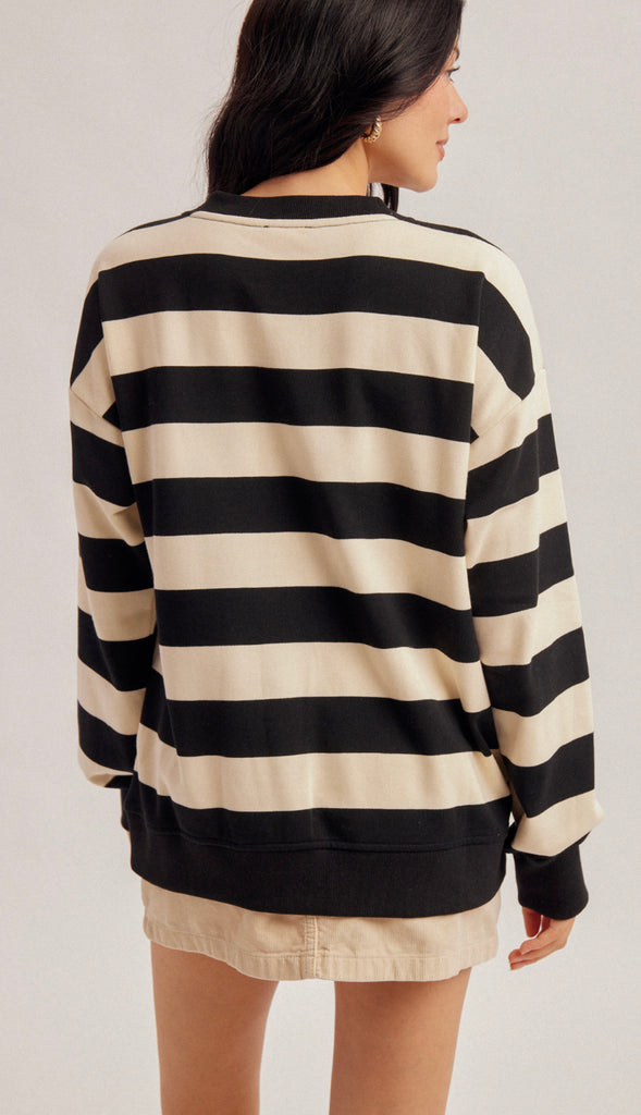 Sunday Funday Color Block Stripe Oversized Sweatshirt- Black