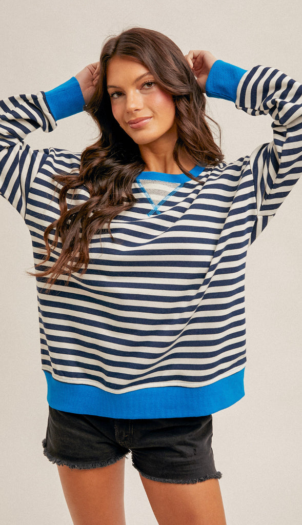 Free People Dupe Stripe Oversized Sweatshirt- Navy