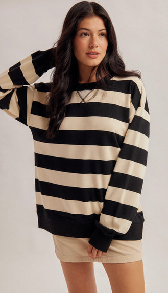 Sunday Funday Color Block Stripe Oversized Sweatshirt- Black