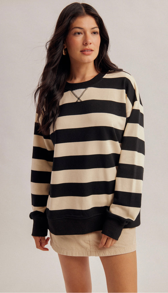 Sunday Funday Color Block Stripe Oversized Sweatshirt- Black