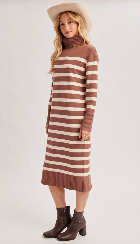 Keely Stripe Turtleneck Midi Sweater Dress- Black Stripe