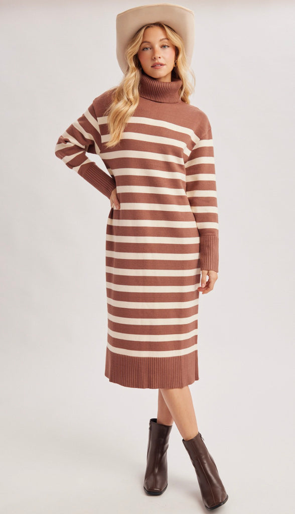Keely Stripe Turtleneck Midi Sweater Dress- Black Stripe