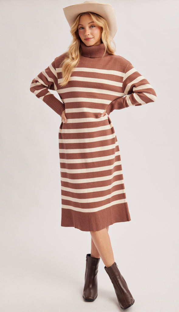 Keely Stripe Turtleneck Midi Sweater Dress- Mocha Stripe