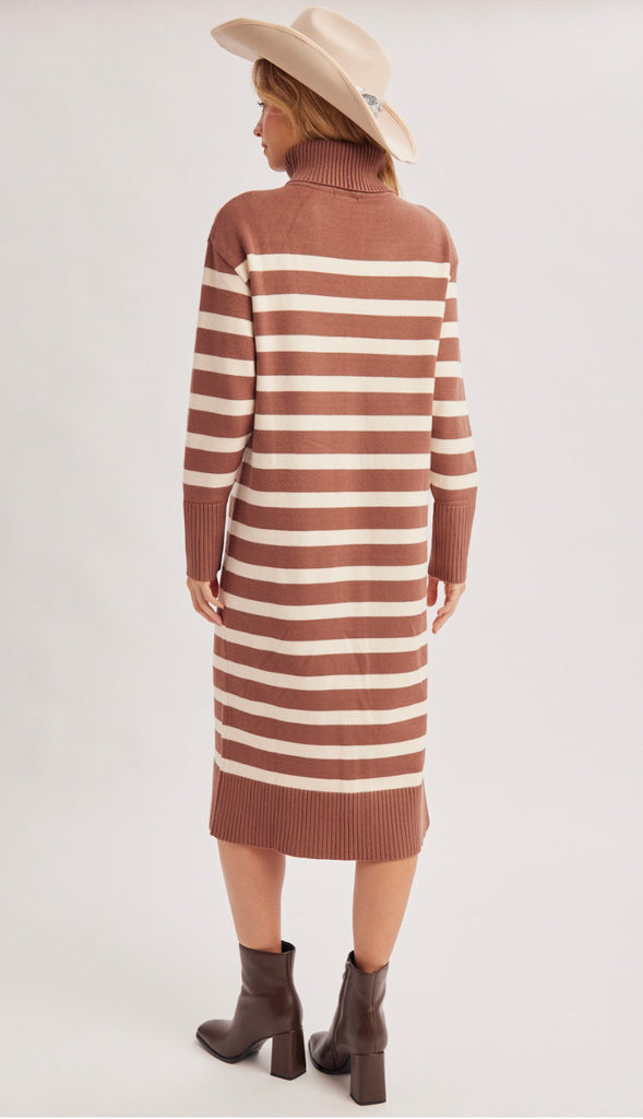 Keely Stripe Turtleneck Midi Sweater Dress- Black Stripe