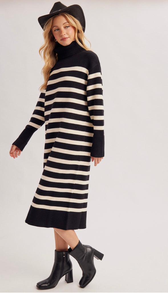 Keely Stripe Turtleneck Midi Sweater Dress- Mocha Stripe