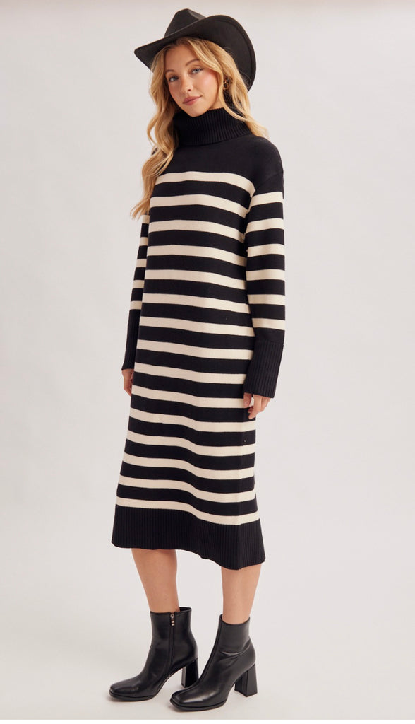Keely Stripe Turtleneck Midi Sweater Dress- Mocha Stripe