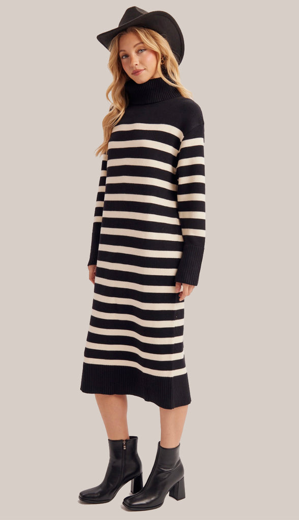 Keely Stripe Turtleneck Midi Sweater Dress- Black Stripe