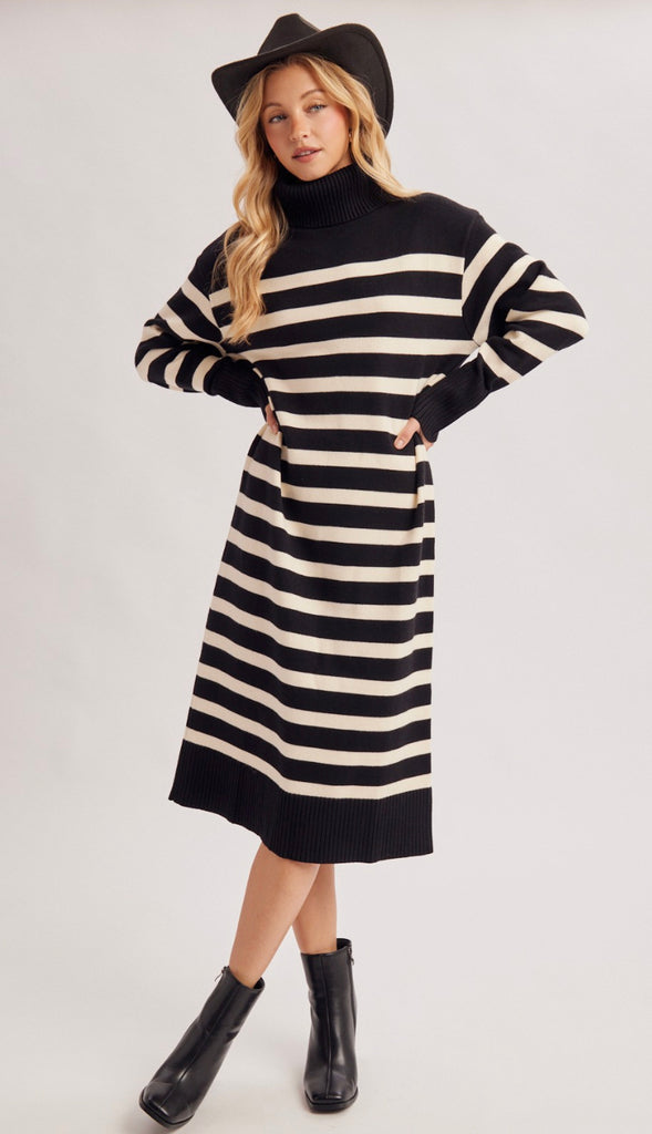 Keely Stripe Turtleneck Midi Sweater Dress- Black Stripe