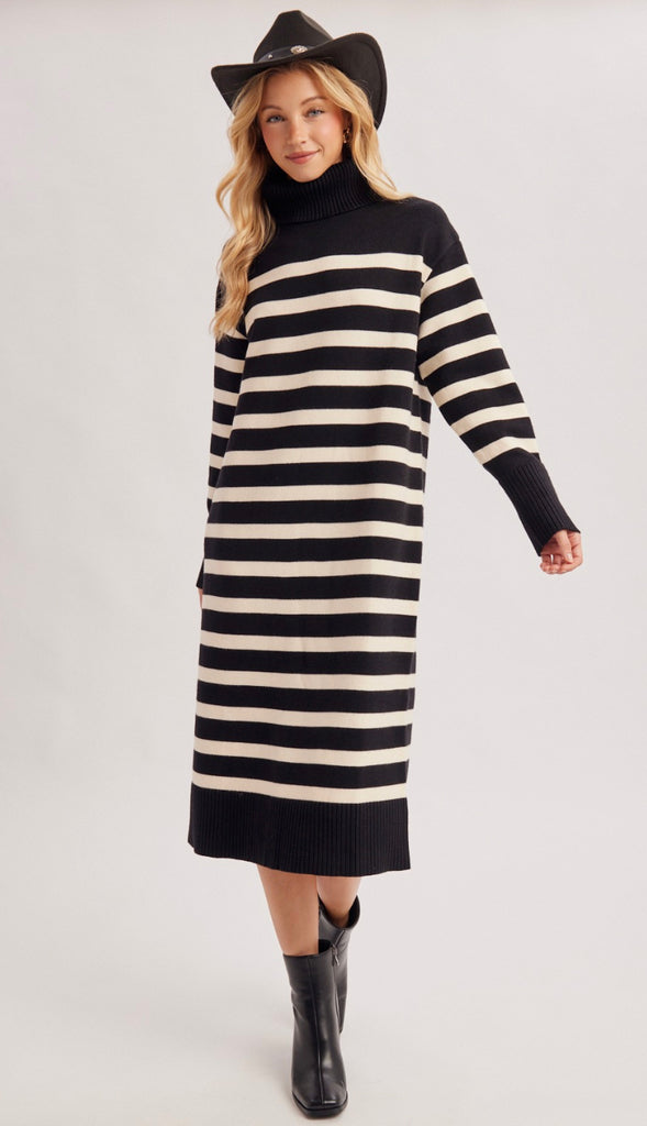 Keely Stripe Turtleneck Midi Sweater Dress- Black Stripe