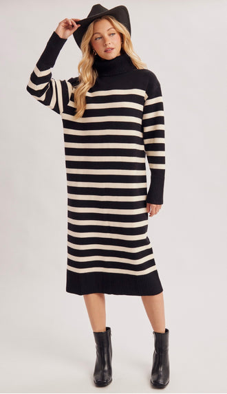 Keely Stripe Turtleneck Midi Sweater Dress- Black Stripe