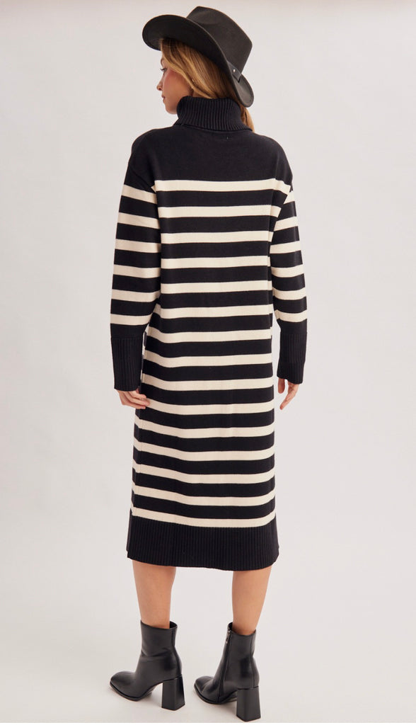 Keely Stripe Turtleneck Midi Sweater Dress- Black Stripe