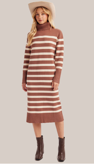 Keely Stripe Turtleneck Midi Sweater Dress- Mocha Stripe