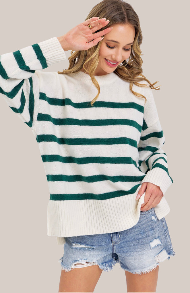 Forest Falls Striped Sweater- Cream/Hunter Green