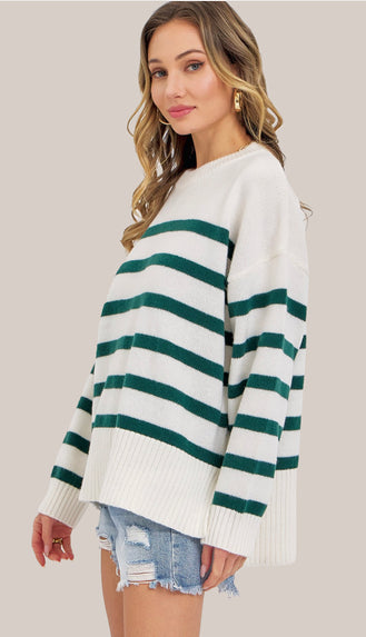 Forest Falls Striped Sweater- Cream/Hunter Green