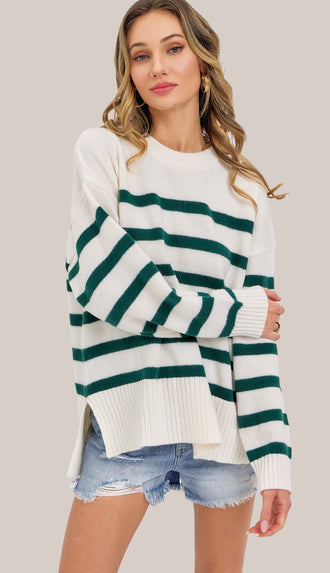 Forest Falls Striped Sweater- Cream/Hunter Green