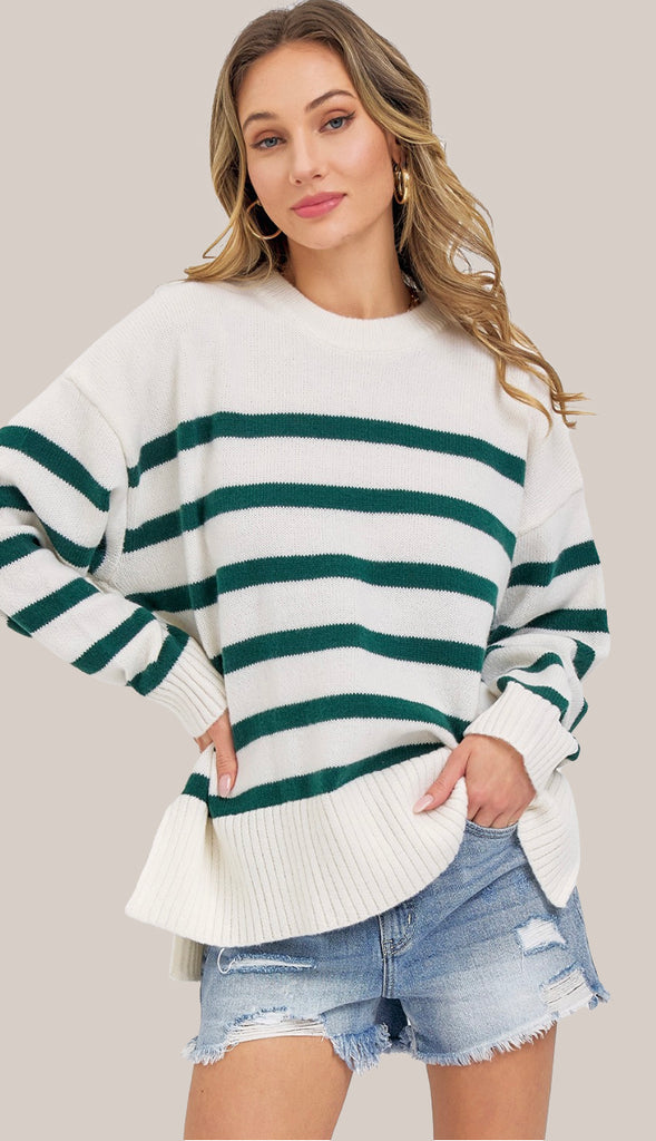 Forest Falls Striped Sweater- Cream/Hunter Green