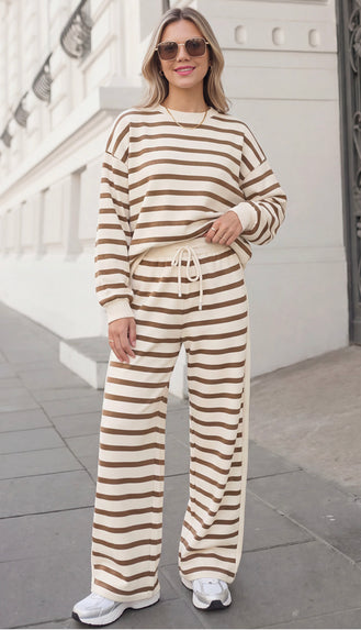 Katie Cozy Striped Relaxed Pants Set- Khaki