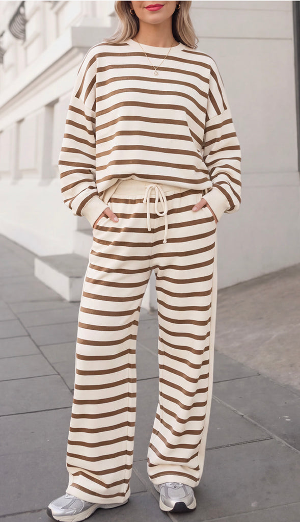 Katie Cozy Striped Relaxed Pants Set- Khaki