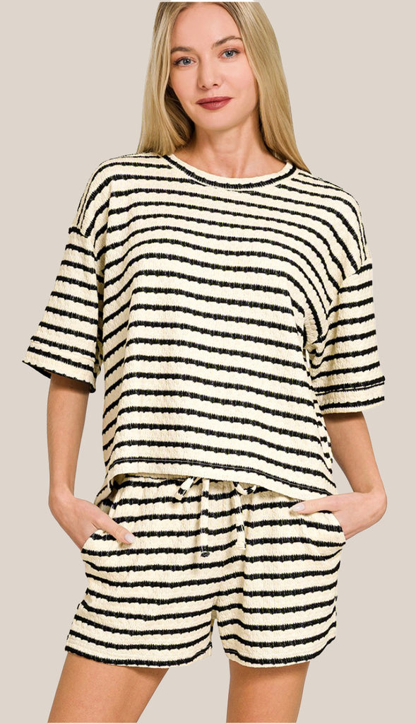 Cozy In The Sun Striped Ribbed Tee And Shorts Set- Hunter Green