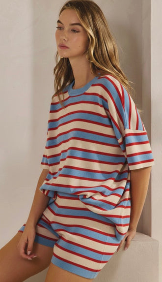 Baby You're A Firework Soft Striped Shorts Set- Light Blue/Red/Ivory