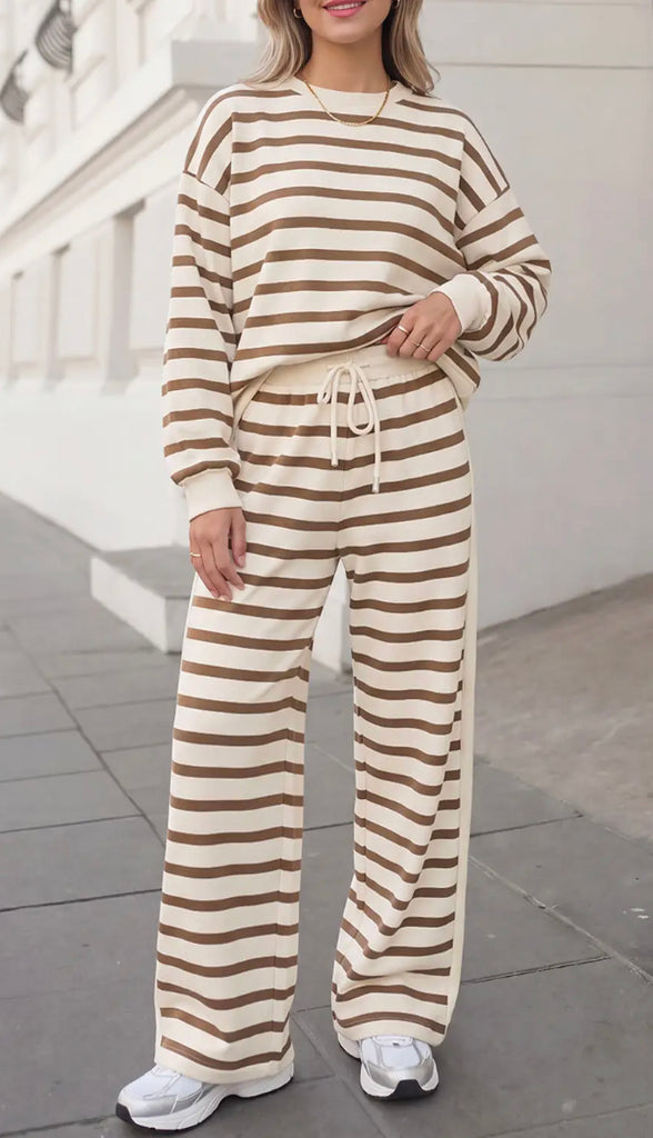 Katie Cozy Striped Relaxed Pants Set- Khaki