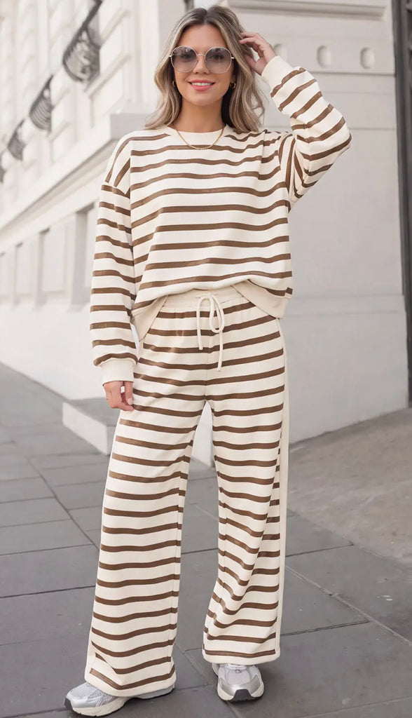 Katie Cozy Striped Relaxed Pants Set- Khaki