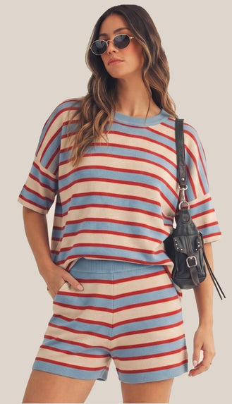 Baby You're A Firework Soft Striped Shorts Set- Light Blue/Red/Ivory