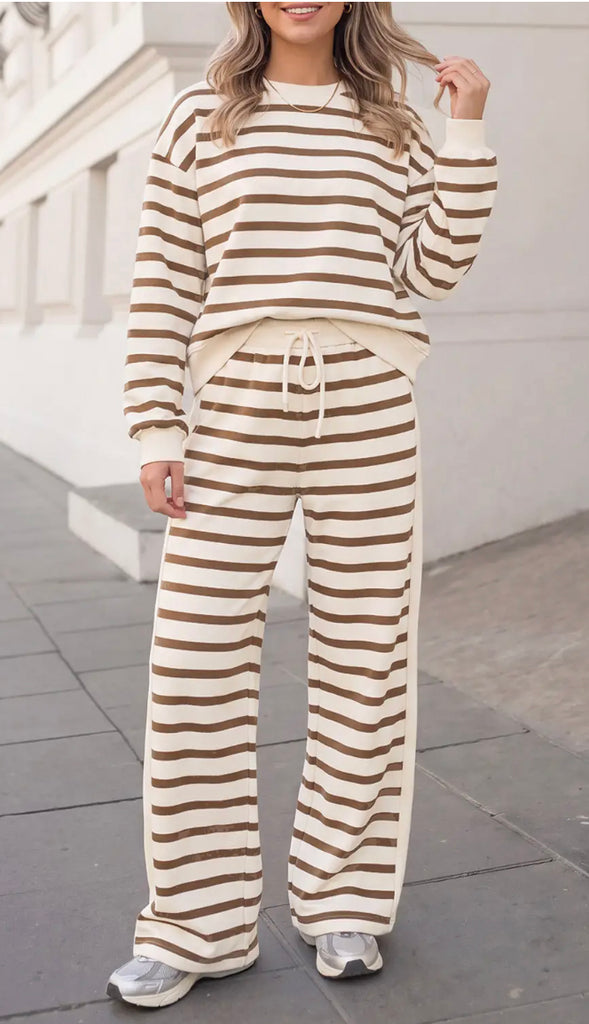 Katie Cozy Striped Relaxed Pants Set- Khaki
