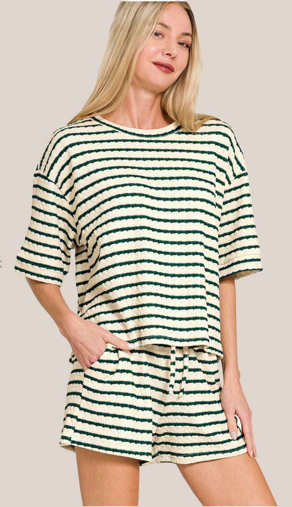 Cozy In The Sun Striped Ribbed Tee And Shorts Set- Hunter Green