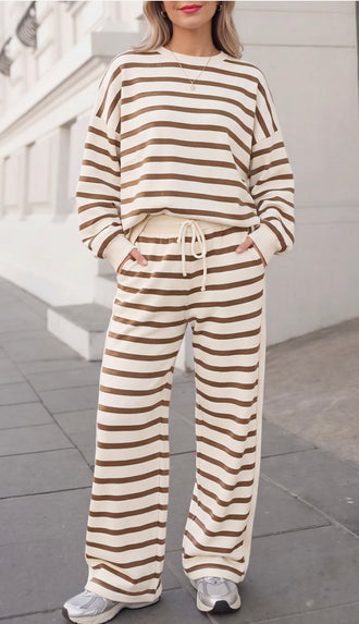 Katie Cozy Striped Relaxed Pants Set- Khaki