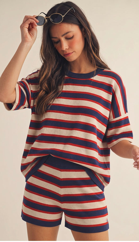Baby You're A Firework Soft Striped Shorts Set- Light Blue/Red/Ivory