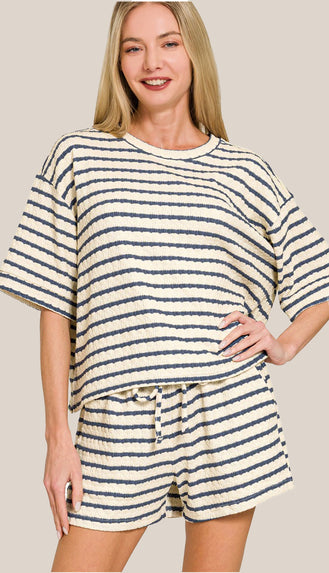 Cozy In The Sun Striped Ribbed Tee And Shorts Set- Denim