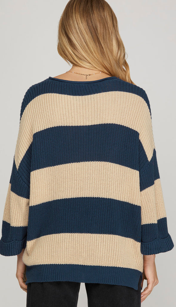 Esther 3/4 Sleeve Stripe Sweater- Mauve