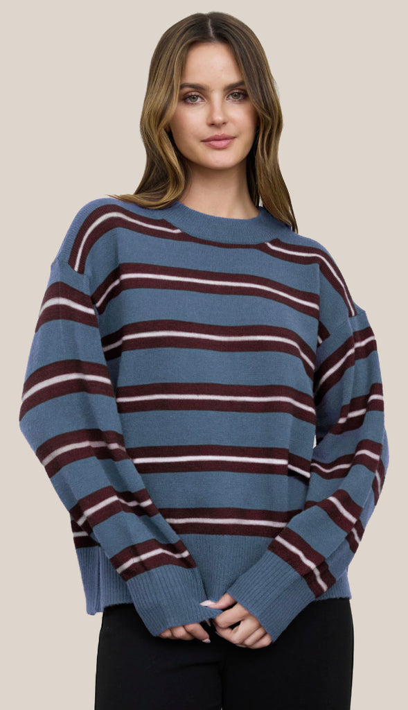Clara Stripe Crewneck- Dusty Blue/Brown