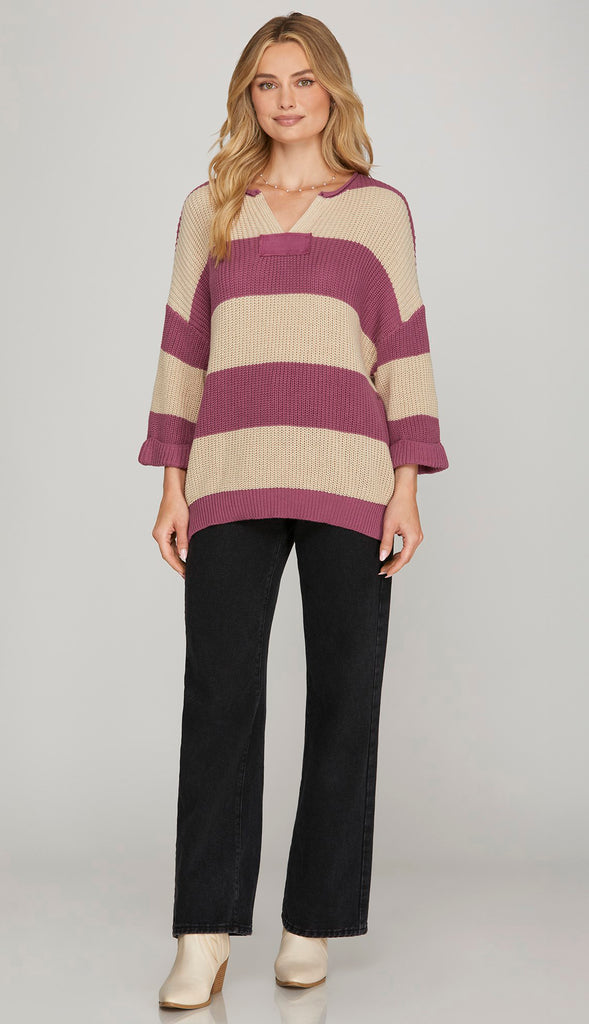 Esther 3/4 Sleeve Stripe Sweater- Navy Blue