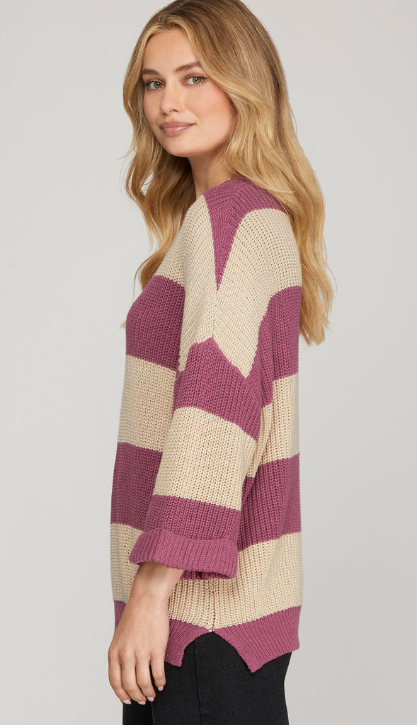 Esther 3/4 Sleeve Stripe Sweater- Navy Blue