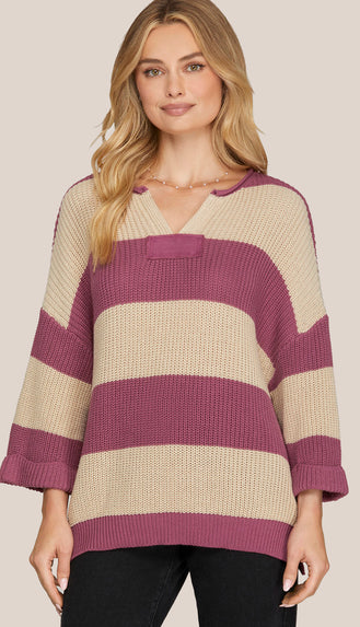 Esther 3/4 Sleeve Stripe Sweater- Mauve
