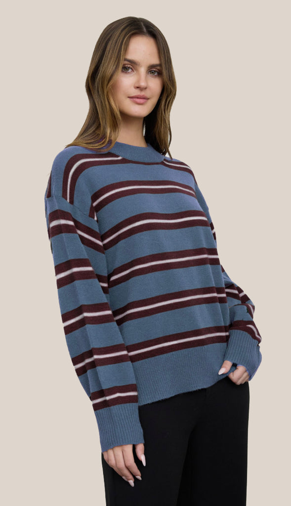Clara Stripe Crewneck- Dusty Blue/Brown