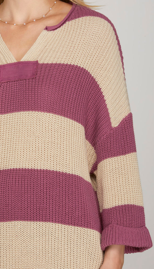 Esther 3/4 Sleeve Stripe Sweater- Navy Blue