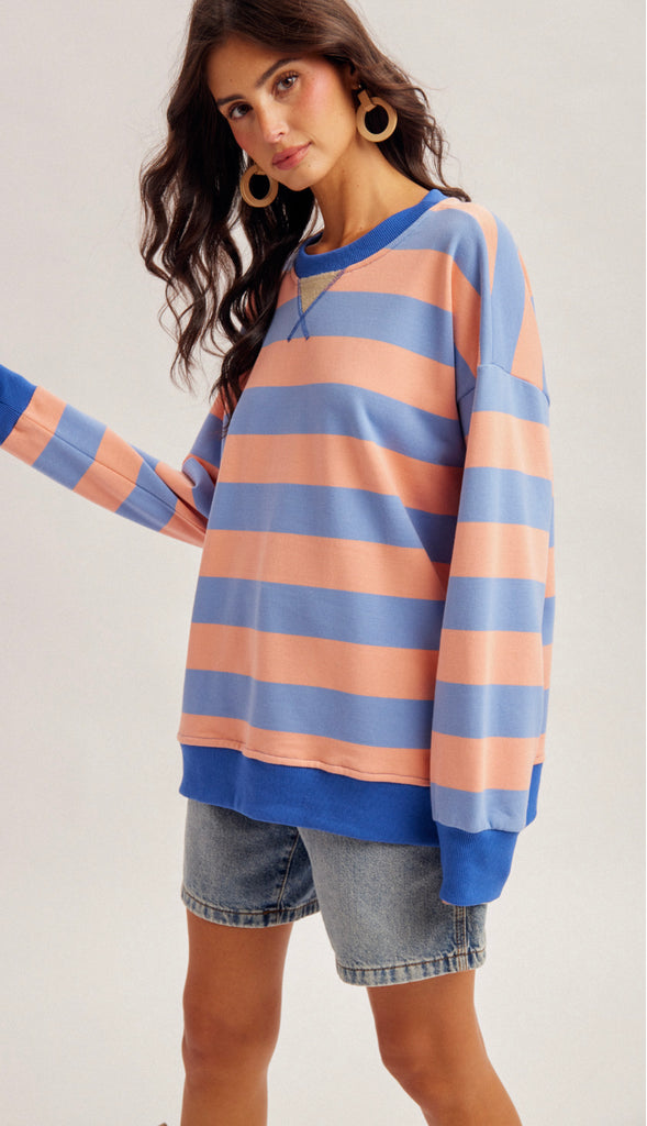 Sunday Funday Color Block Stripe Sweatshirt- Blueberry Pink