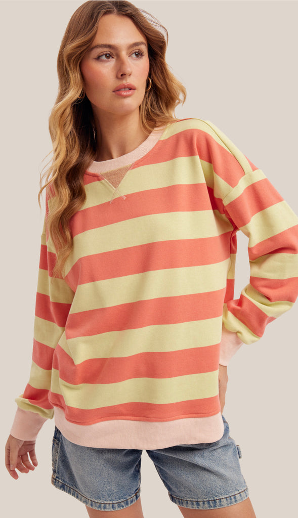 Sunday Funday Color Block Stripe Sweatshirt- Strawberry Lemonade