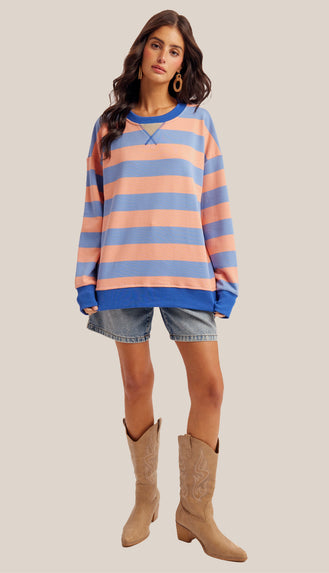 Sunday Funday Color Block Stripe Sweatshirt- Blueberry Pink