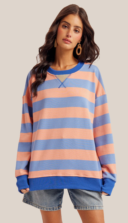 Sunday Funday Color Block Stripe Sweatshirt- Strawberry Lemonade